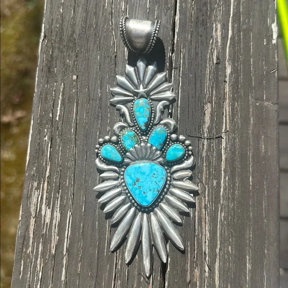 Navajo Shawn Cayatineto High Grade Kingman Turquoise & Sterling Silver Pendant - Picture 11 of 12